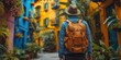 © QuietWord - traveler backpacker at beautiful narrow street with colorful building along the way, adventurous atmosphere with copy space