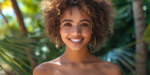 smiling African woman wearing eyeglasses in nature tranquil green lush tropical garden background