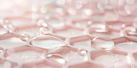 Wall Mural - Close-up of Anti-Aging Serum Droplets on Pink Skin Cell Surface