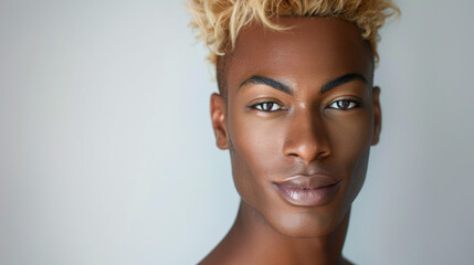 Close-up portrait of a young African American man freckles blonde hair. Intense gaze natural beauty