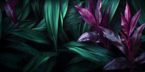 Wall Mural - Neon banana leaves pattern on dark background for premium vintage wallpapers. Concept Neon Banana Leaves, Dark Background, Premium Vintage, Wallpapers, Pattern