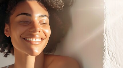 With a radiant smile, a woman revels in the serenity of sunbathing, her expression reflecting pure joy as she basks in the sunlight, captured in stunning detail against a white background