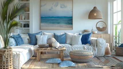 Modern coastal living room with white and blue decor, cozy seating area, natural light, and a serene beach painting.