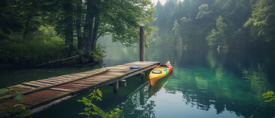 Wall Mural - A tranquil lake surrounded by dense forest, with a wooden dock stretching out into the water and a colorful kayak moored alongside. 32k, full ultra HD, high resolution