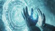 © reels - Futuristic, technology concept with human hands interacting with a digital projection interface. Innovation and cybersecurity theme.