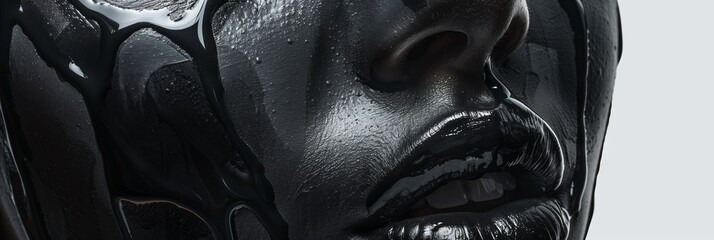 Wall Mural - A photo featuring a detailed close-up of a human face with a black, shiny liquid appearance, evoking a mysterious mood