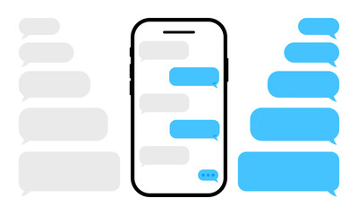 Chatting in smartphone. Send or receive sms on app. Speech bubble message on phone. Vector 10 Eps.