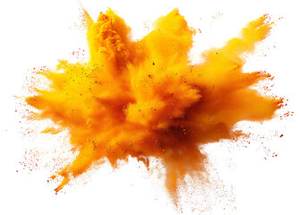bright yellow orange holi paint color powder festival explosion burst isolated white background. industrial print concept background