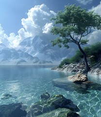 Wall Mural - The crystal clear lake and the green tree