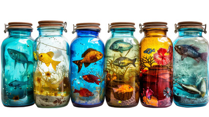 Colorful fish in six glass jars filled with vibrant underwater scenes, showcasing marine life and artistic creativity.