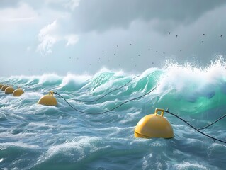 Poster - Dramatic Depicting Wave Energy Capturing Buoys Floating and Bobbing in the Turbulent Surging Ocean Waves with Splashing Foam and Dramatic Atmospheric Backdrop
