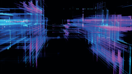 Poster - Abstract techno background. Three-dimensional composition of intersecting multi-colored grids. Information technology concept. Digital cyberspace with particles. 3d vector illustration