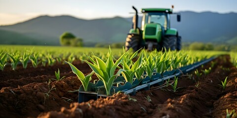 Wall Mural - Growing Young Maize Seedlings in Modern Agricultural Farm with Advanced Technology. Concept Agricultural Technology, Maize Farming, Seedling Cultivation, Farm Innovation, Modern Agriculture