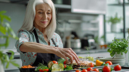 A senior woman prepares a nutritious meal in a modern kitchen, surrounded by fresh vegetables and fruits