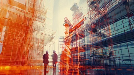 Poster - Illustration digital building construction engineering with double exposure graphic design. Building engineers, architect people, or construction workers working. Generative AI