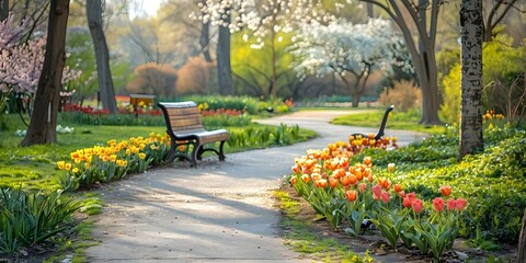 Spring bloom in city park with selective focus on copy space. Concept Nature Photography, Spring Flowers, City Park, Copy Space, Selective Focus