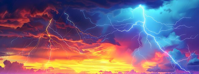 Poster - Dramatic Thunderstorm at Vibrant Sunset with Powerful Lightning Bolts Illuminating the Sky