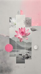 Wall Mural - Japanese style, lotus on the background, with leaves, collage, greeting card, for the glider, banner, with plants, beautiful collage, wallpaper, background grey