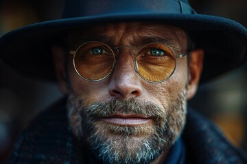 Wall Mural - A stylish man wearing a hat and round glasses looks ahead with a neutral expression