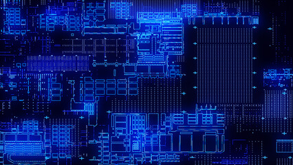 Poster - Printed circuit board. Visualization of advanced technology concept: PCB processor microchip, digitization of neural networks and cloud computing. Digital lines transmit data. 