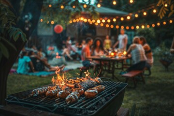 A realistic photo of an evening barbecue grill in the garden during a summer party