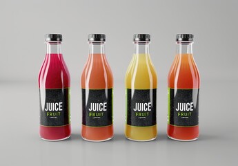 A collection of colored glass juice bottle mockups on a white background. The concept of health drinks and beverage packaging. Generative Ai.