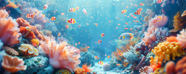 Wall Mural - Undersea world on the bottom of the sea with different flora and fauna. Background concept.