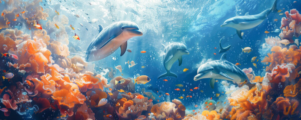 Wall Mural - Illustration of dolphins swimming undersea in sunlight.