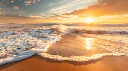 Wall Mural - The ocean is calm and the sun is setting, creating a beautiful