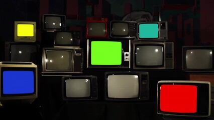 Wall Mural - old televisions stacked up turning off screens of different colors. zoom out. 4k resolution.