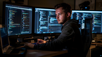 A woman is sitting at a computer desk with three monitors