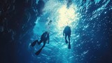 Oceanic underwater divers tunnel through cliffs in the depths of the sea. Generative Ai.