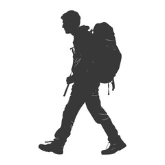 silhouette backpacker man in action full body black color only