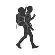 © NikahGeh - silhouette backpacker woman in action full body black color only