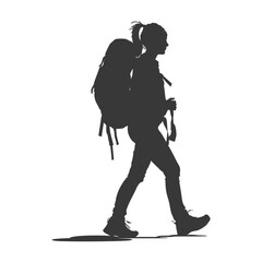 Wall Mural - silhouette backpacker woman in action full body black color only