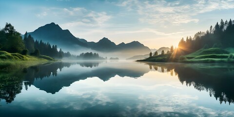 Wall Mural - Dawn at the Mountain Lake. Concept Nature Photography, Sunrise Reflections, Mountain Scenery, Tranquil Water, Serene Landscapes