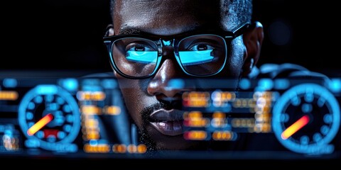 Software developer in glasses focusing on computer screen