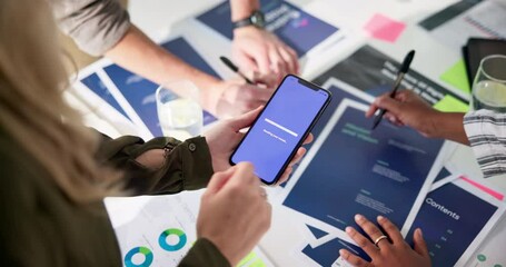 Poster - Business meeting, people and hand with phone in app for software development, proposal and idea. Top view, tech and developer with screen at digital agency for ux presentation, pitch and teamwork