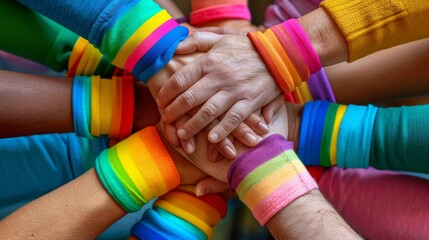 A diverse group of hands wearing rainbow wristbands join together in a display of unity, support, and solidarity for LGBTQ pride.