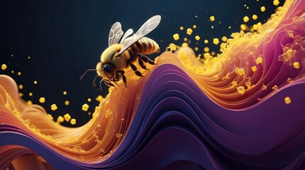 Wall Mural - wavy abstract background with bee glow particles