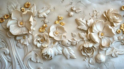 Wall Mural - Beautiful voluminous flowers, stucco molding on a plaster wall.