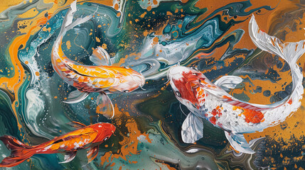 Wall Mural - Abstract fluid expression koi fish swimming in water, Asian feng shui illustration, Aesthetics colorful nature inspirational tenderness illustration, oil paint, Wall decoration photo, Generated AI.