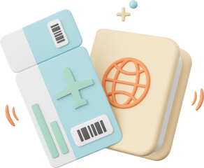 3d illustration of passport and flight ticket