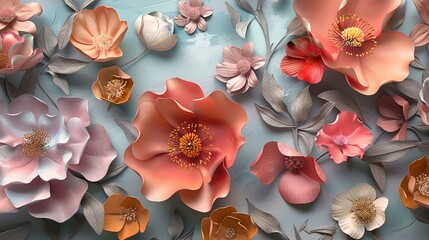 Wall Mural - Beautiful voluminous flowers, stucco molding on a plaster wall.