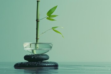 A small bamboo plant is in a glass bowl with water