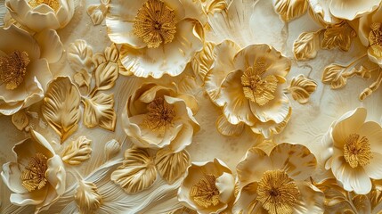 Wall Mural - Beautiful voluminous flowers, stucco molding on a plaster wall.