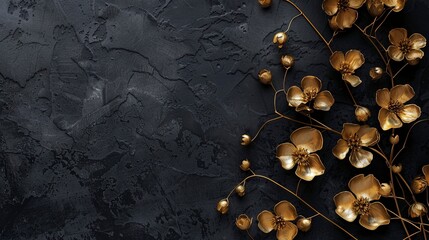 Wall Mural - Beautiful golden voluminous flowers, stucco molding on a dark plaster wall.