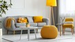 © Chingiz - A cozy living room with a yellow lamp, grey sofa, yellow pouf, and designer chair.