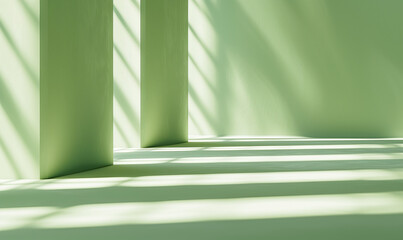Poster - A light green background with light and shadow effects, creating an empty space for product display. The composition is symmetrical, with sunlight shining through the window onto the floor, casting so