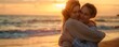 © vlabcolor - Two women in a romantic embrace at sunset on the beach, peaceful and loving moment, copy space.